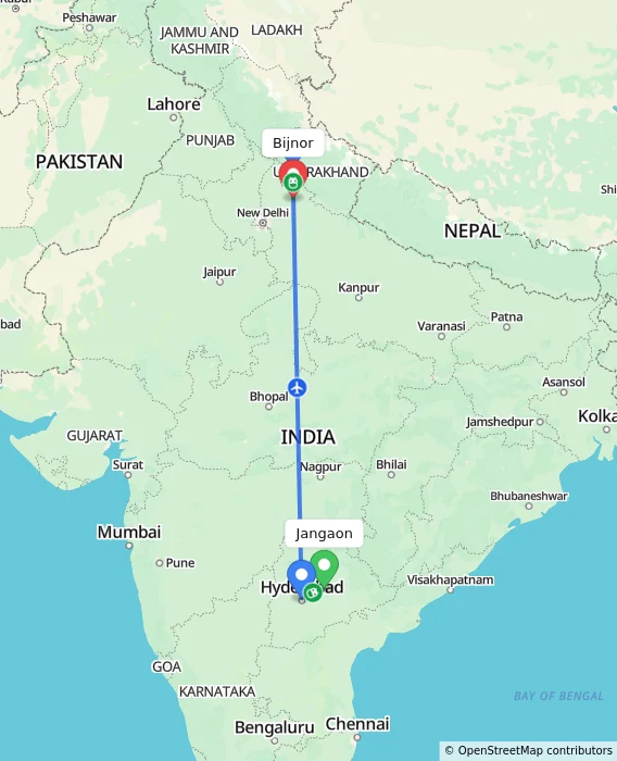 Route map showing distance and travel time from Jangaon, India to Bijnor, India