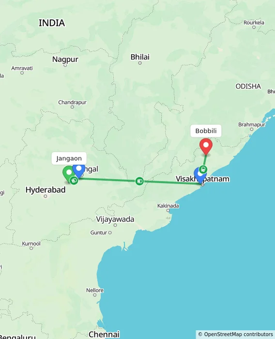 Route map showing distance and travel time from Jangaon, India to Bobbili, India