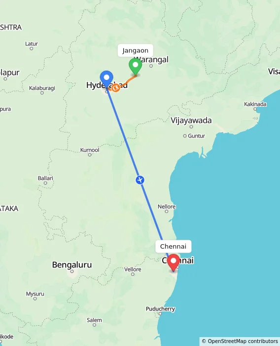 Route map showing distance and travel time from Jangaon, India to Chennai, India