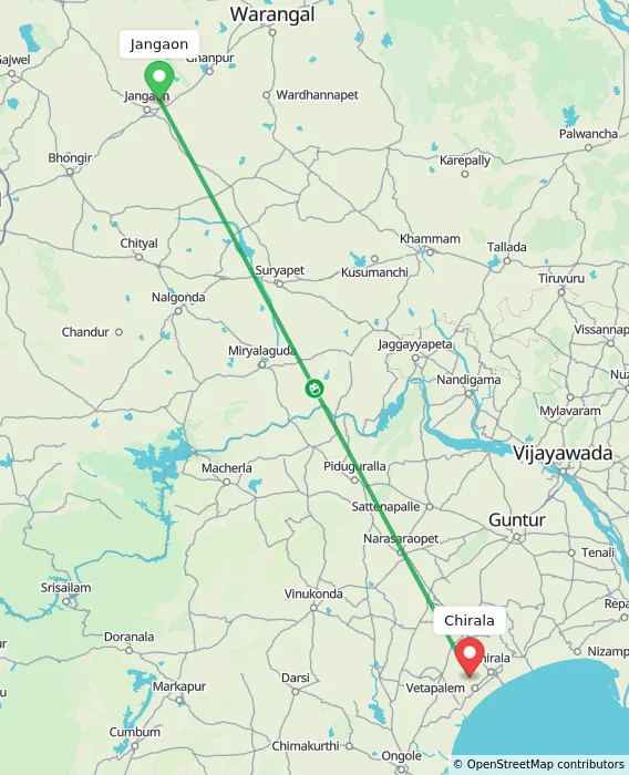 Route map showing distance and travel time from Jangaon, India to Chirala, India
