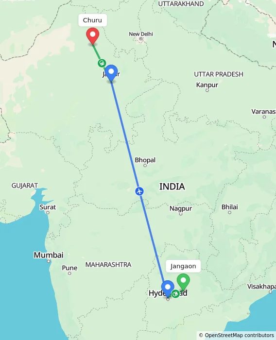 Route map showing distance and travel time from Jangaon, India to Churu, India