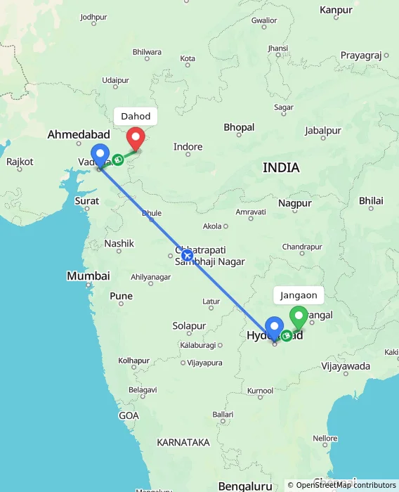 Route map showing distance and travel time from Jangaon, India to Dahod, India