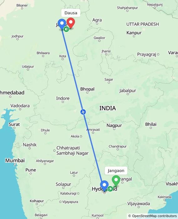 Route map showing distance and travel time from Jangaon, India to Dausa, India
