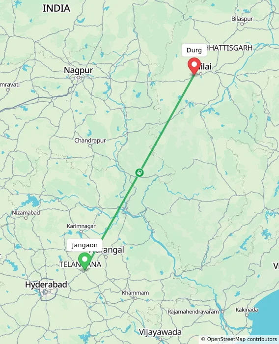 Route map showing distance and travel time from Jangaon, India to Durg, India