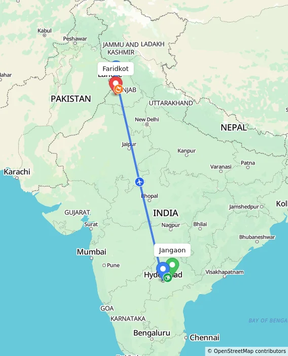 Route map showing distance and travel time from Jangaon, India to Faridkot, India