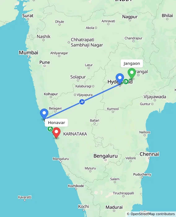 Route map showing distance and travel time from Jangaon, India to Honavar, India