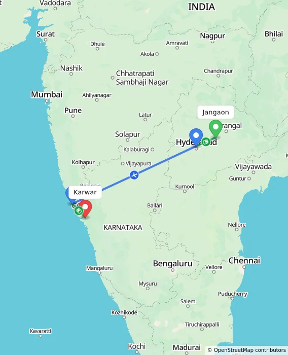 Route map showing distance and travel time from Jangaon, India to Karwar, India