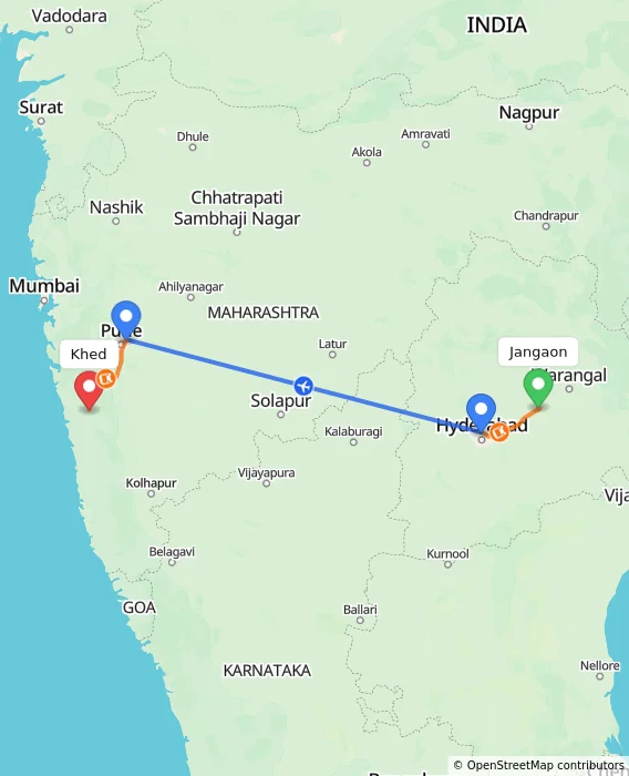 Route map showing distance and travel time from Jangaon, India to Khed, India