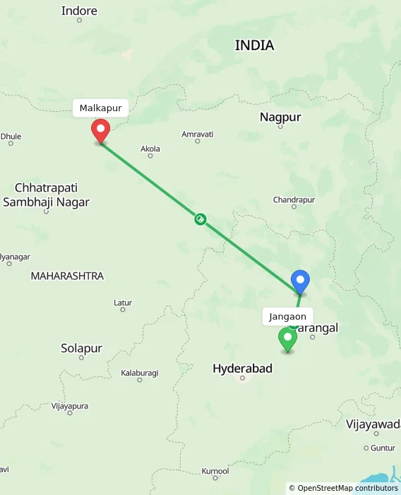 Route map showing distance and travel time from Jangaon, India to Malkapur, India