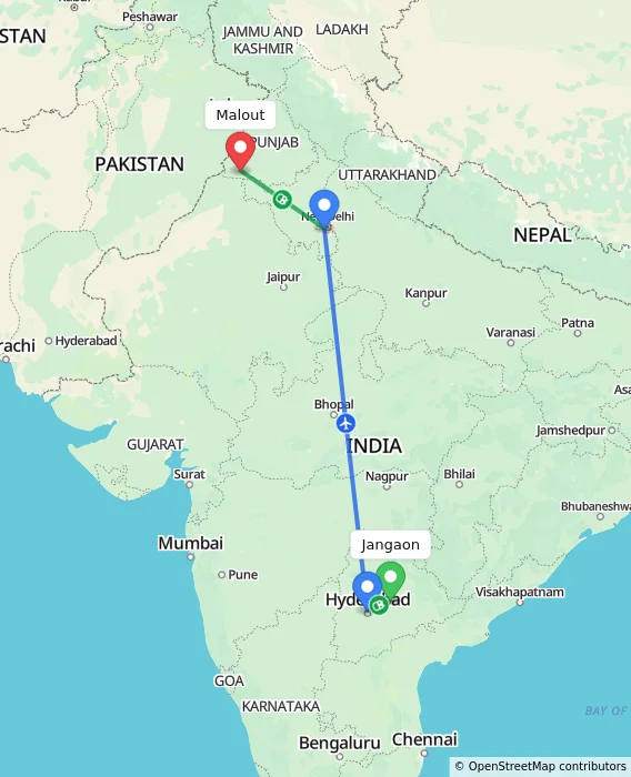 Route map showing distance and travel time from Jangaon, India to Malout, India