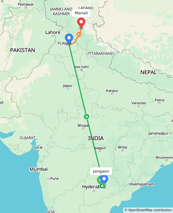Route map showing distance and travel time from Jangaon, India to Manali, India
