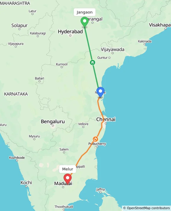 Route map showing distance and travel time from Jangaon, India to Melur, India