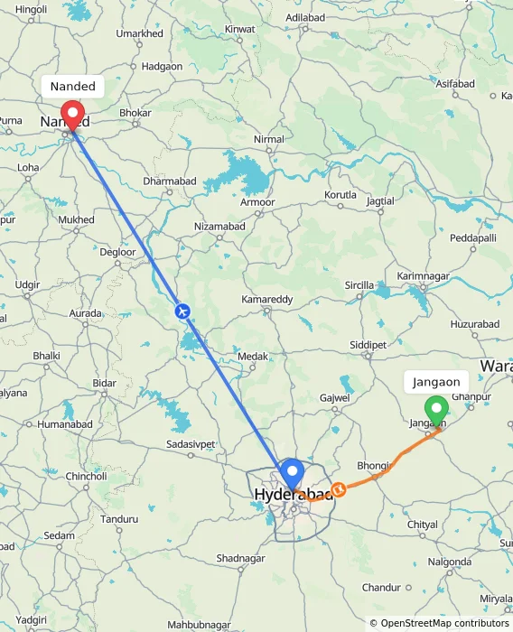 Route map showing distance and travel time from Jangaon, India to Nanded, India