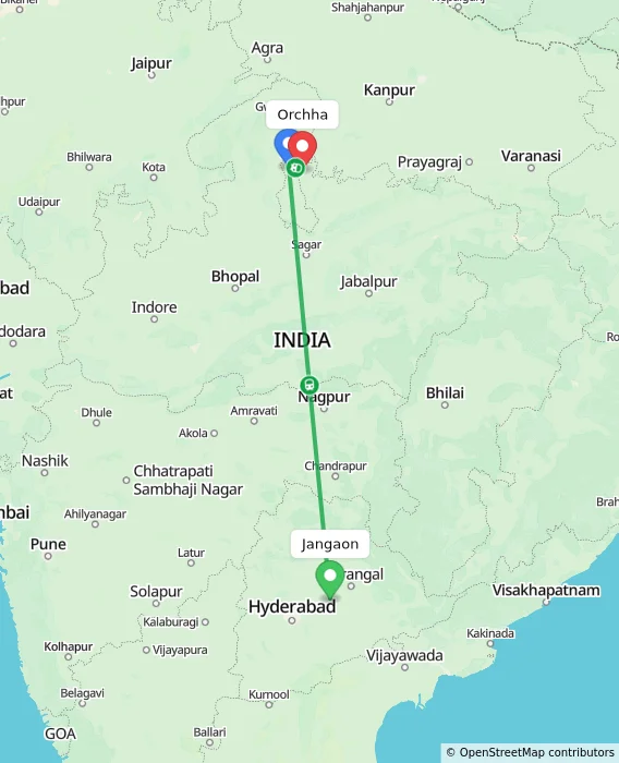 Route map showing distance and travel time from Jangaon, India to Orchha, India