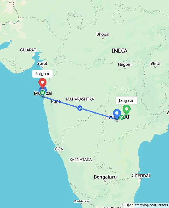 Route map showing distance and travel time from Jangaon, India to Palghar, India