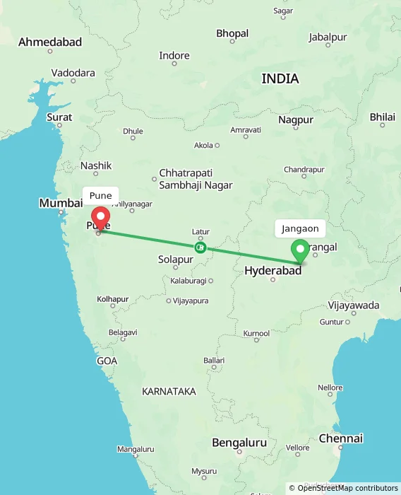 Route map showing distance and travel time from Jangaon, India to Pune, India