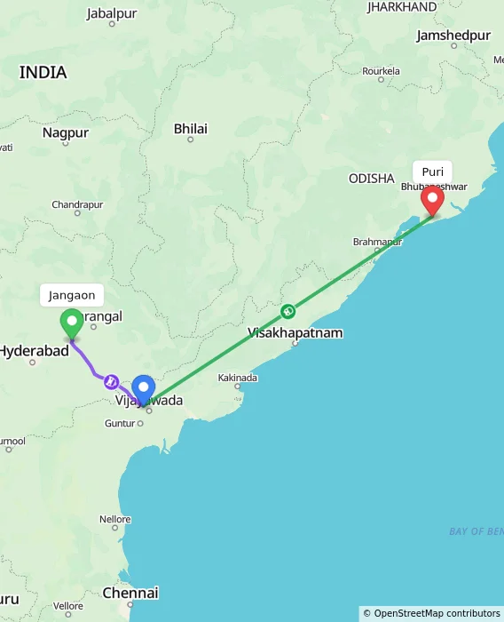 Route map showing distance and travel time from Jangaon, India to Puri, India