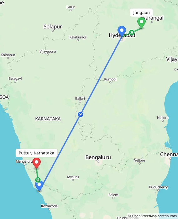 Route map showing distance and travel time from Jangaon, India to Puttur, Karnataka, India