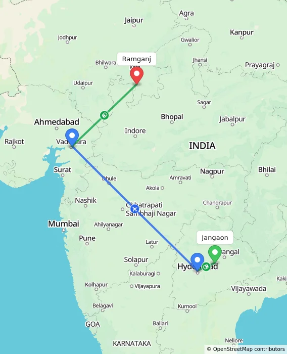 Route map showing distance and travel time from Jangaon, India to Ramganj, India
