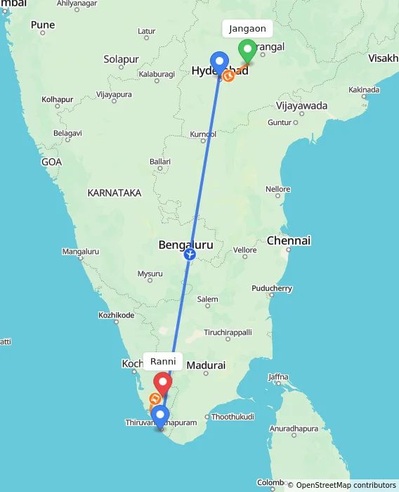 Route map showing distance and travel time from Jangaon, India to Ranni, India