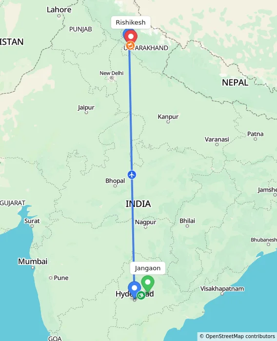 Route map showing distance and travel time from Jangaon, India to Rishikesh, India