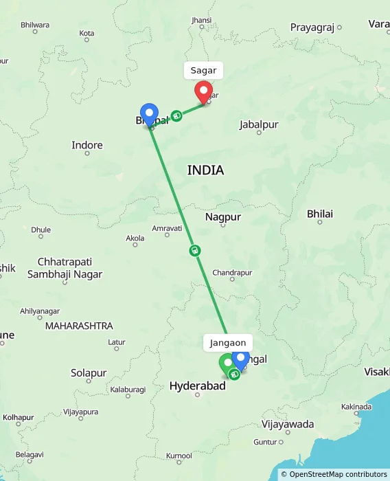 Route map showing distance and travel time from Jangaon, India to Sagar, India