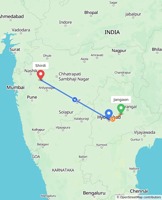 Route map showing distance and travel time from Jangaon, India to Shirdi, India