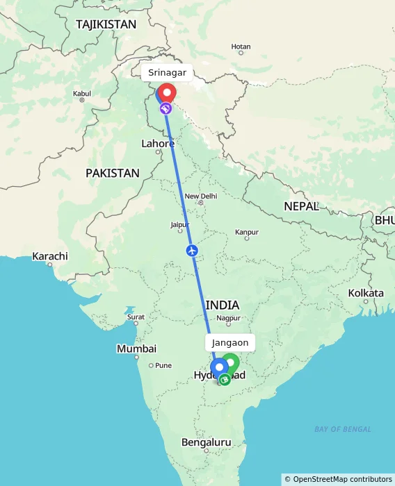 Route map showing distance and travel time from Jangaon, India to Srinagar, India