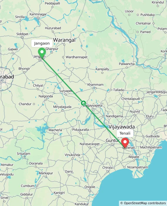 Route map showing distance and travel time from Jangaon, India to Tenali, India