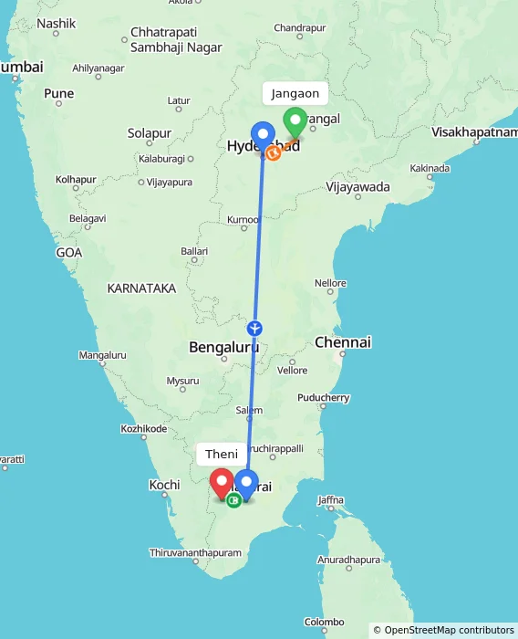 Route map showing distance and travel time from Jangaon, India to Theni, India