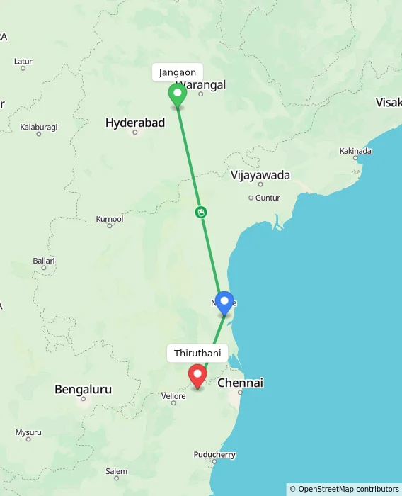 Route map showing distance and travel time from Jangaon, India to Thiruthani, India