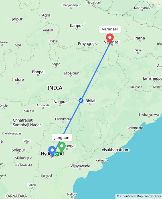 Route map showing distance and travel time from Jangaon, India to Varanasi, India