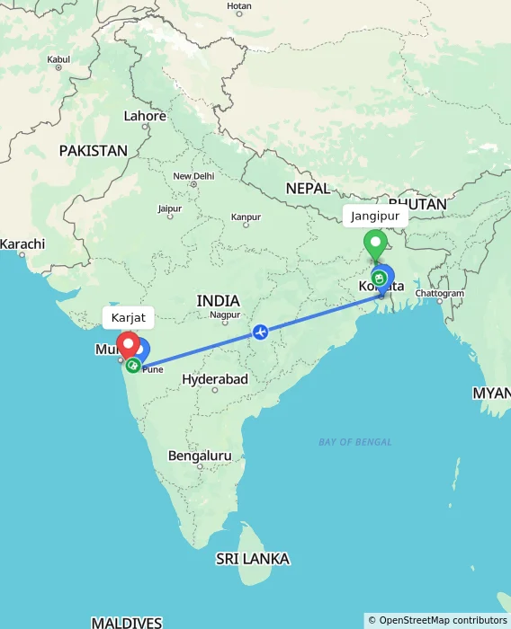 Route map showing distance and travel time from Jangipur, India to Karjat, India