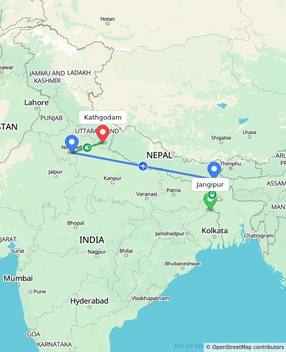 Route map showing distance and travel time from Jangipur, India to Kathgodam, India