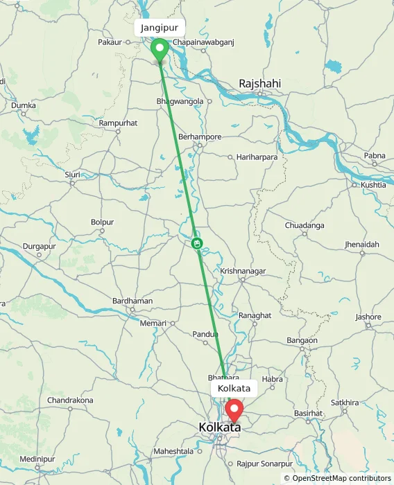Route map showing distance and travel time from Jangipur, India to Kolkata, India
