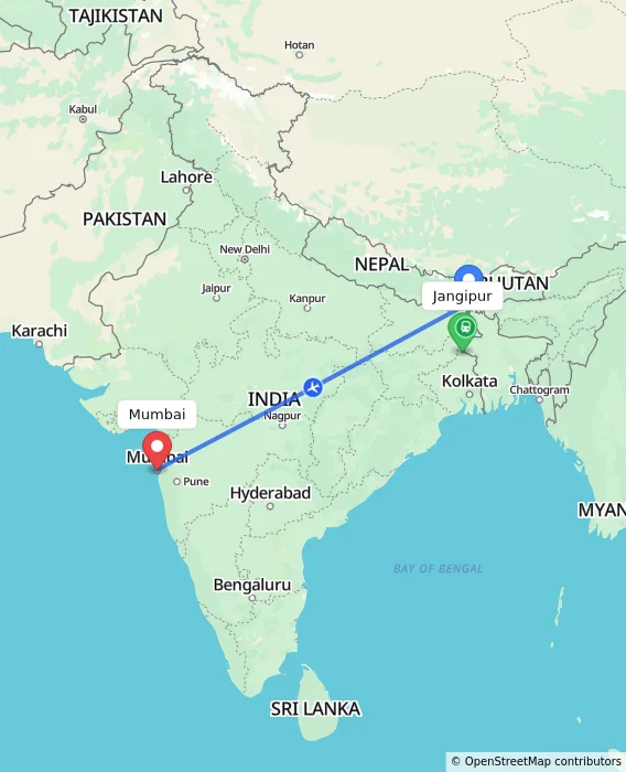 Route map showing distance and travel time from Jangipur, India to Mumbai, India