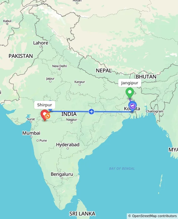 Route map showing distance and travel time from Jangipur, India to Shirpur, India
