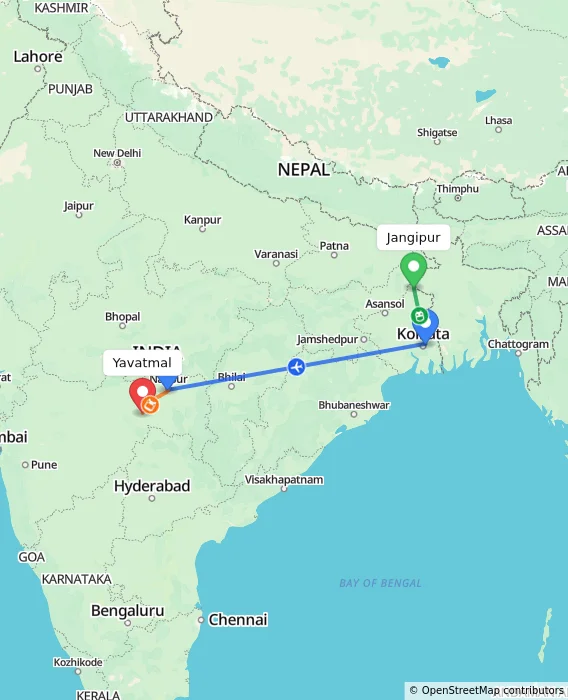 Route map showing distance and travel time from Jangipur, India to Yavatmal, India