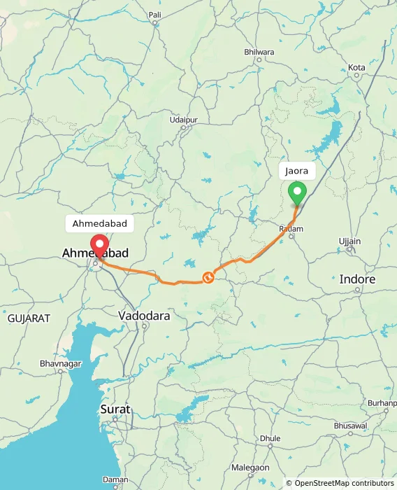 Route map showing distance and travel time from Jaora, India to Ahmedabad, India