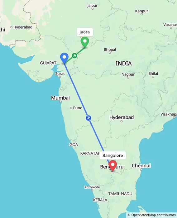 Route map showing distance and travel time from Jaora, India to Bangalore, India