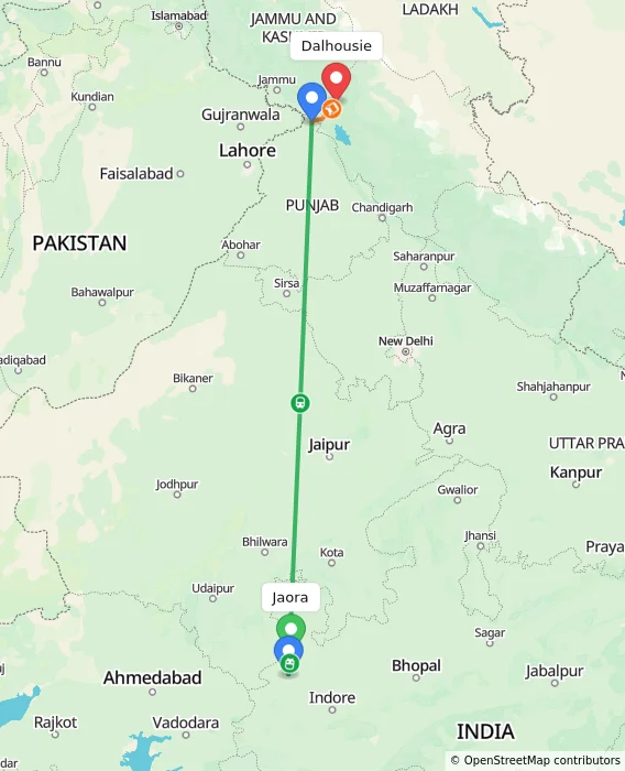Route map showing distance and travel time from Jaora, India to Dalhousie, India