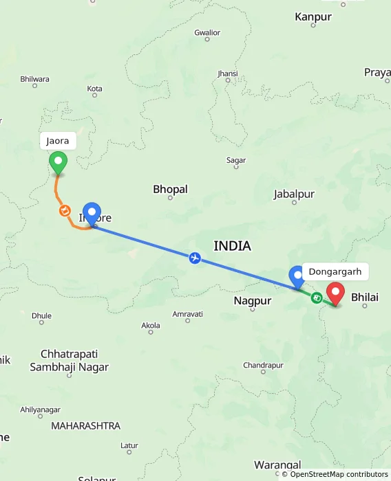 Route map showing distance and travel time from Jaora, India to Dongargarh, India