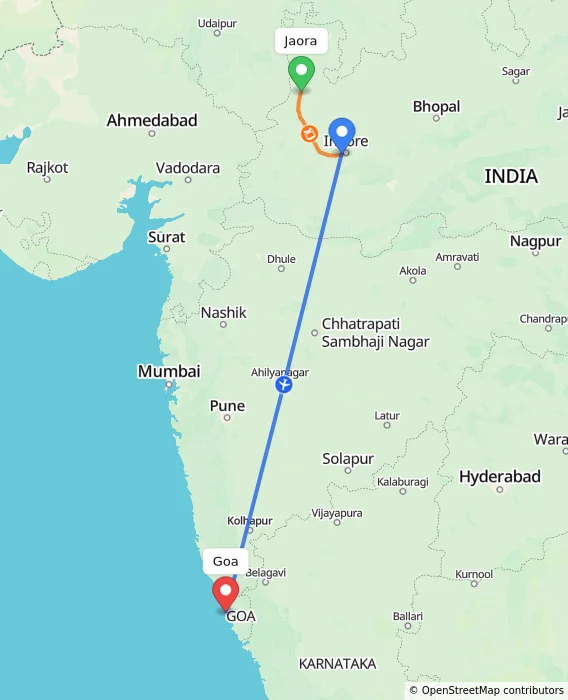 Route map showing distance and travel time from Jaora, India to Goa, India