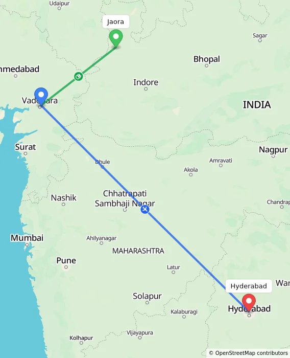 Route map showing distance and travel time from Jaora, India to Hyderabad, India