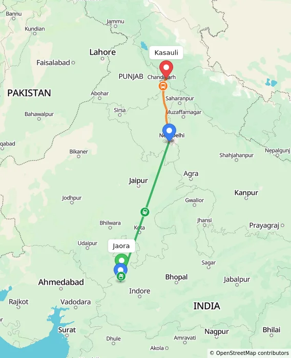 Route map showing distance and travel time from Jaora, India to Kasauli, India