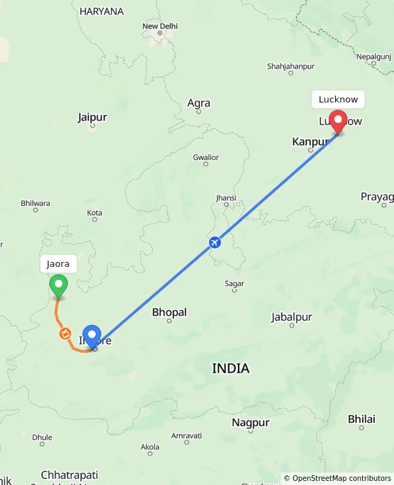 Route map showing distance and travel time from Jaora, India to Lucknow, India