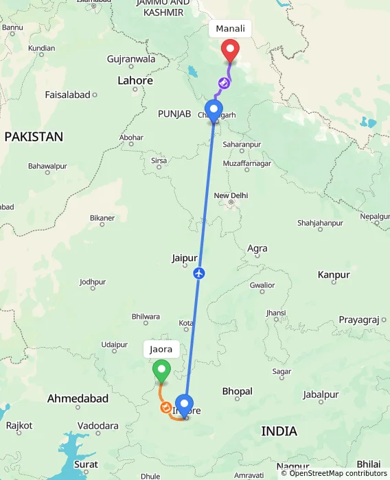 Route map showing distance and travel time from Jaora, India to Manali, India