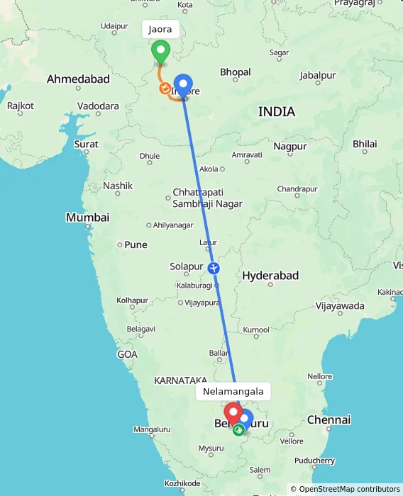Route map showing distance and travel time from Jaora, India to Nelamangala, India