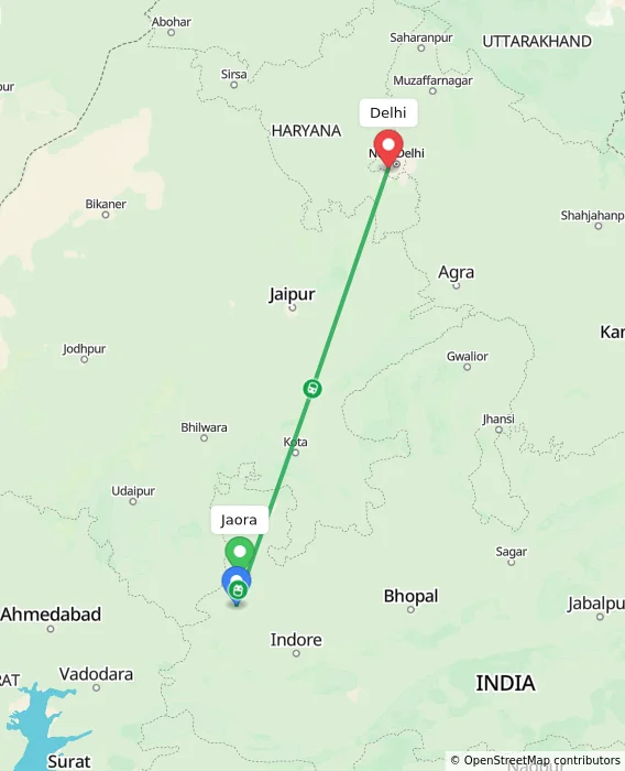 Route map showing distance and travel time from Jaora, India to Delhi, India