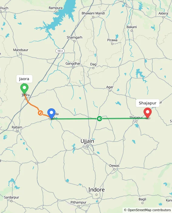 Route map showing distance and travel time from Jaora, India to Shajapur, India
